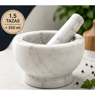 Mortero y mazo en mármol blanco natural – capacidad 1.5 tazas (≈350 ml):