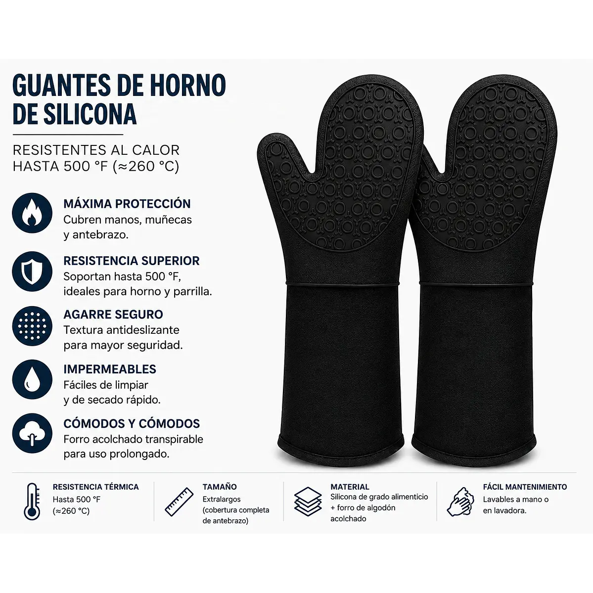 Guantes de horno de silicona – resistentes al calor hasta 500 °F (≈260 °C) 1