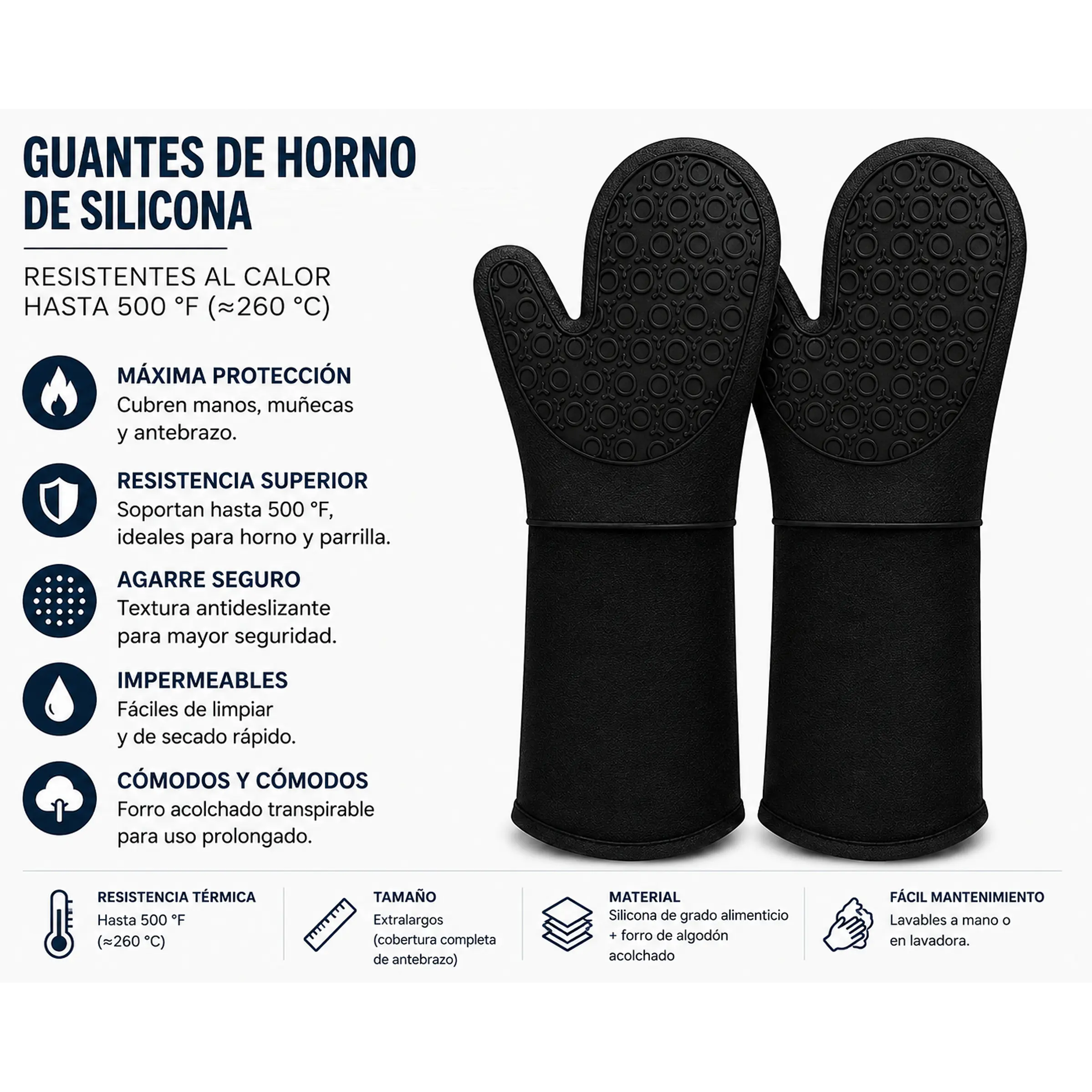 Guantes de horno de silicona – resistentes al calor hasta 500 °F (≈260 °C) 1