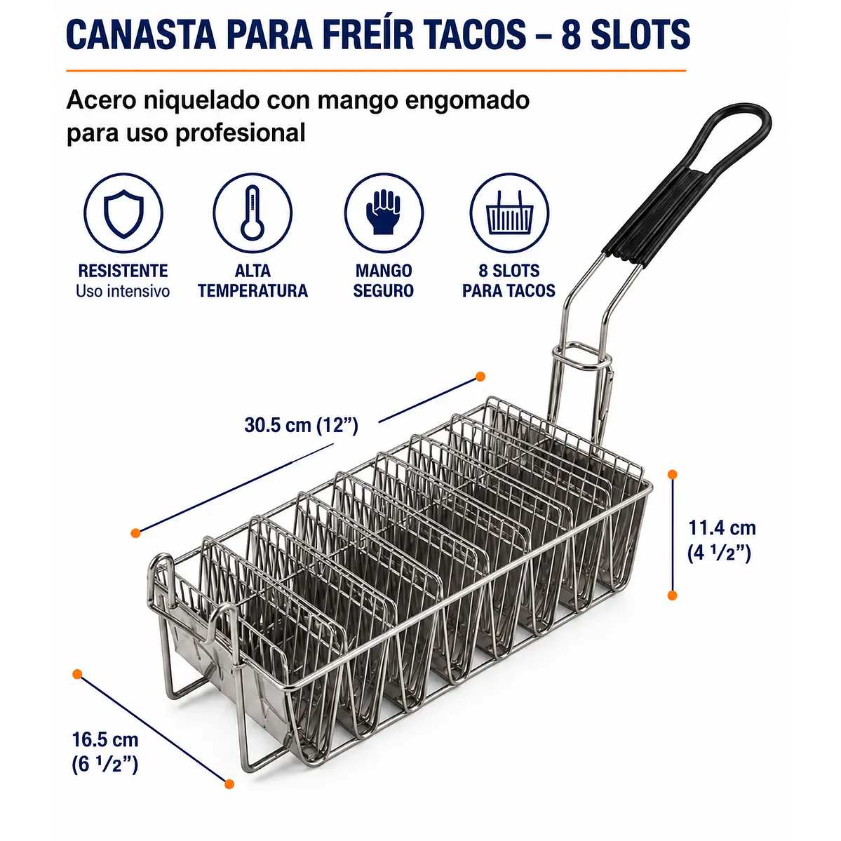 Canasta para freír tacos de 8 compartimentos, fabricada en acero niquelado 1