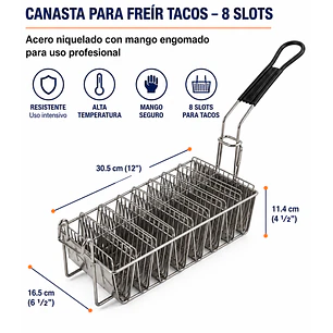 Canasta para freír tacos de 8 compartimentos, fabricada en acero niquelado