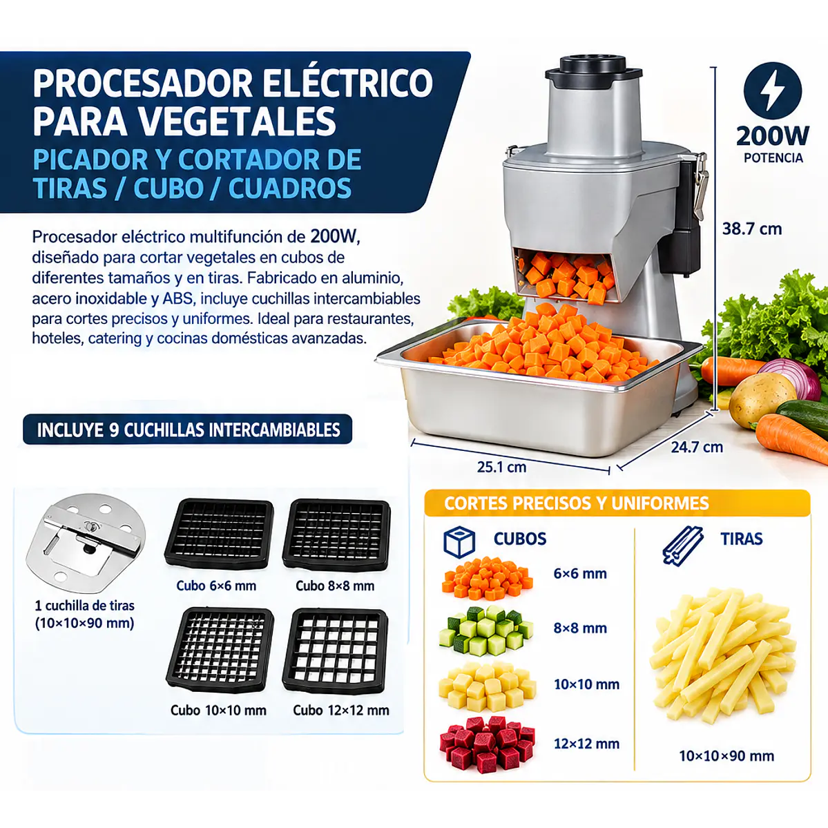 Procesador eléctrico para vegetales – picador y cortador de tiras / cubo / cuadros 1