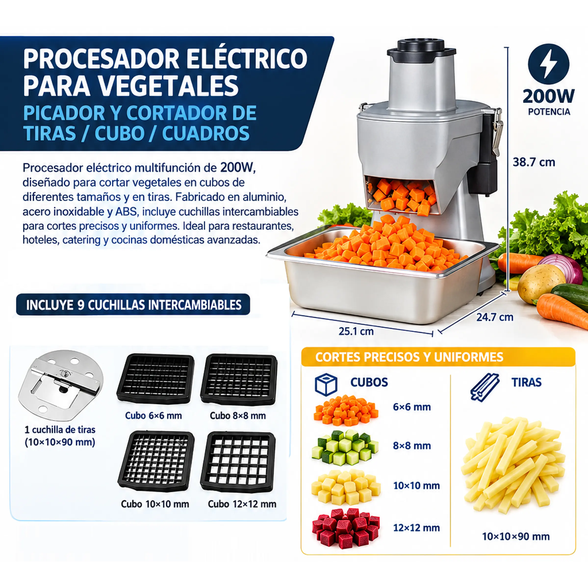 Procesador eléctrico para vegetales – picador y cortador de tiras / cubo / cuadros 1