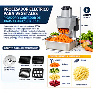 Procesador eléctrico para vegetales – picador y cortador de tiras / cubo / cuadros