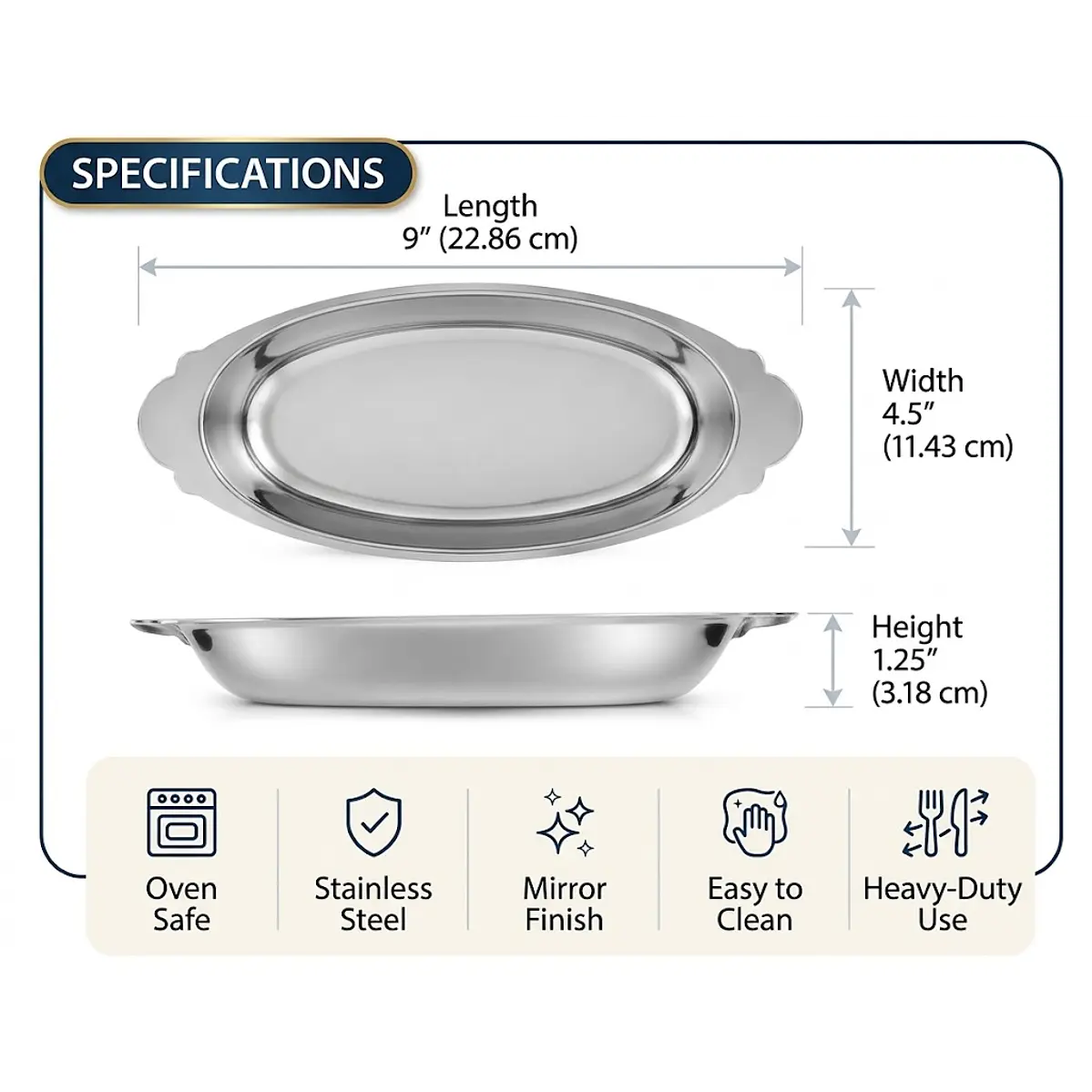 Plato Ovalado de Acero Inoxidable para Gratinado – 12 oz. (Set de 12 unidades) 2