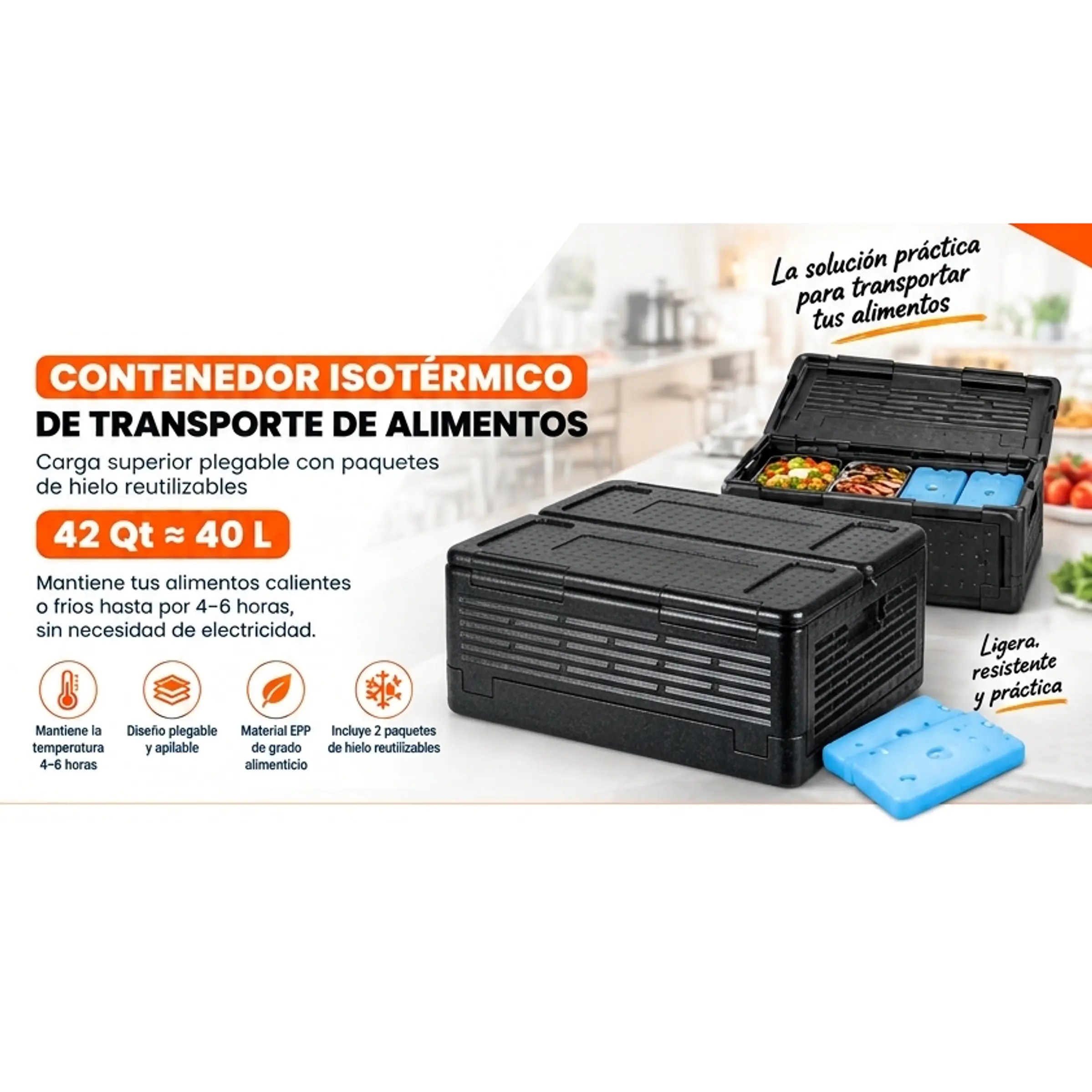 Contenedor Isotérmico de Transporte de Alimentos Apilable – Capacidad 42 Qt (≈40 L)  1