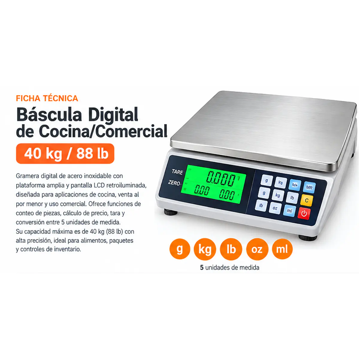 Gramera Digital De Acero Inoxidable Báscula Digital De Cocina/Comercial – 40 kg / 88 lb: 1