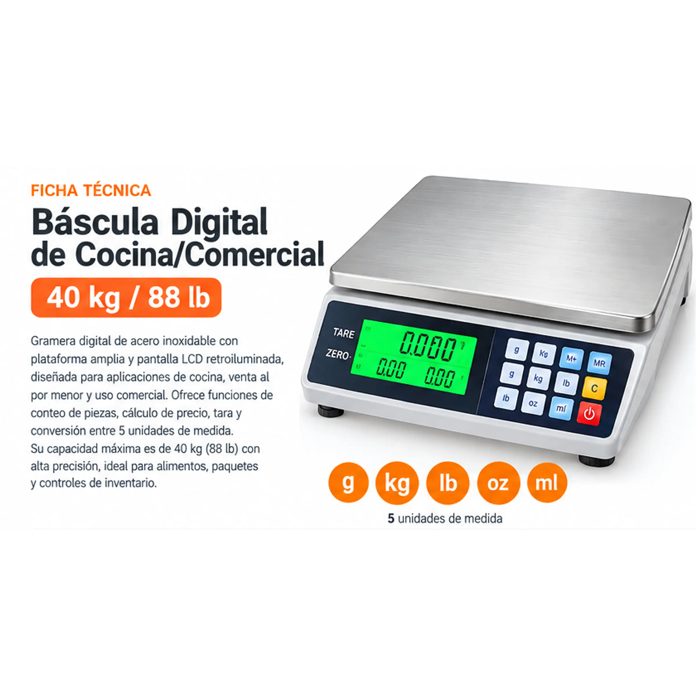 Gramera Digital De Acero Inoxidable Báscula Digital De Cocina/Comercial – 40 kg / 88 lb: 1