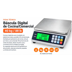 Gramera Digital De Acero Inoxidable Báscula Digital De Cocina/Comercial – 40 kg / 88 lb: