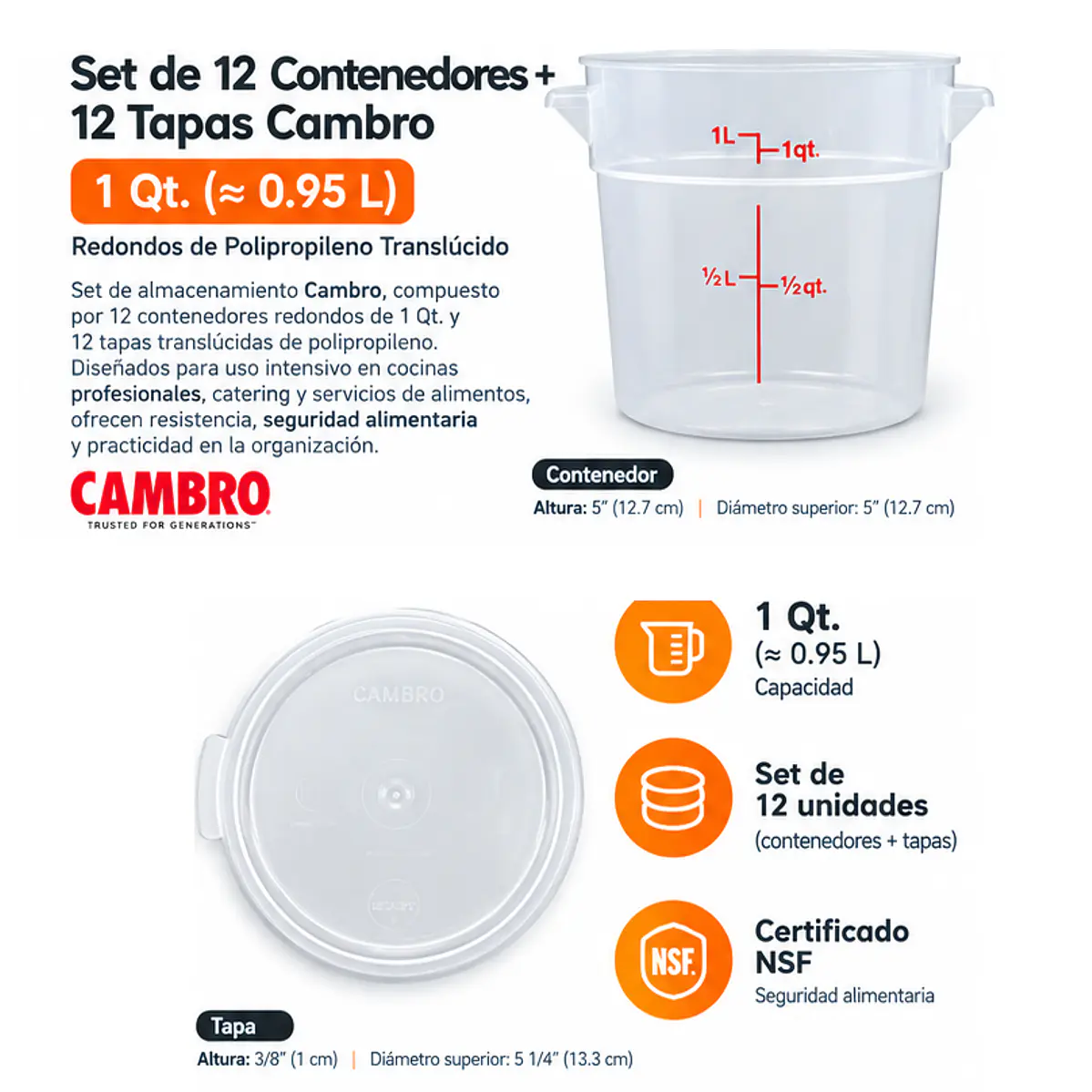SET de 12 Contenedores + 12 Tapas Cambro – 1 Qt. (≈0.95 L) Redondos de Polipropileno 1