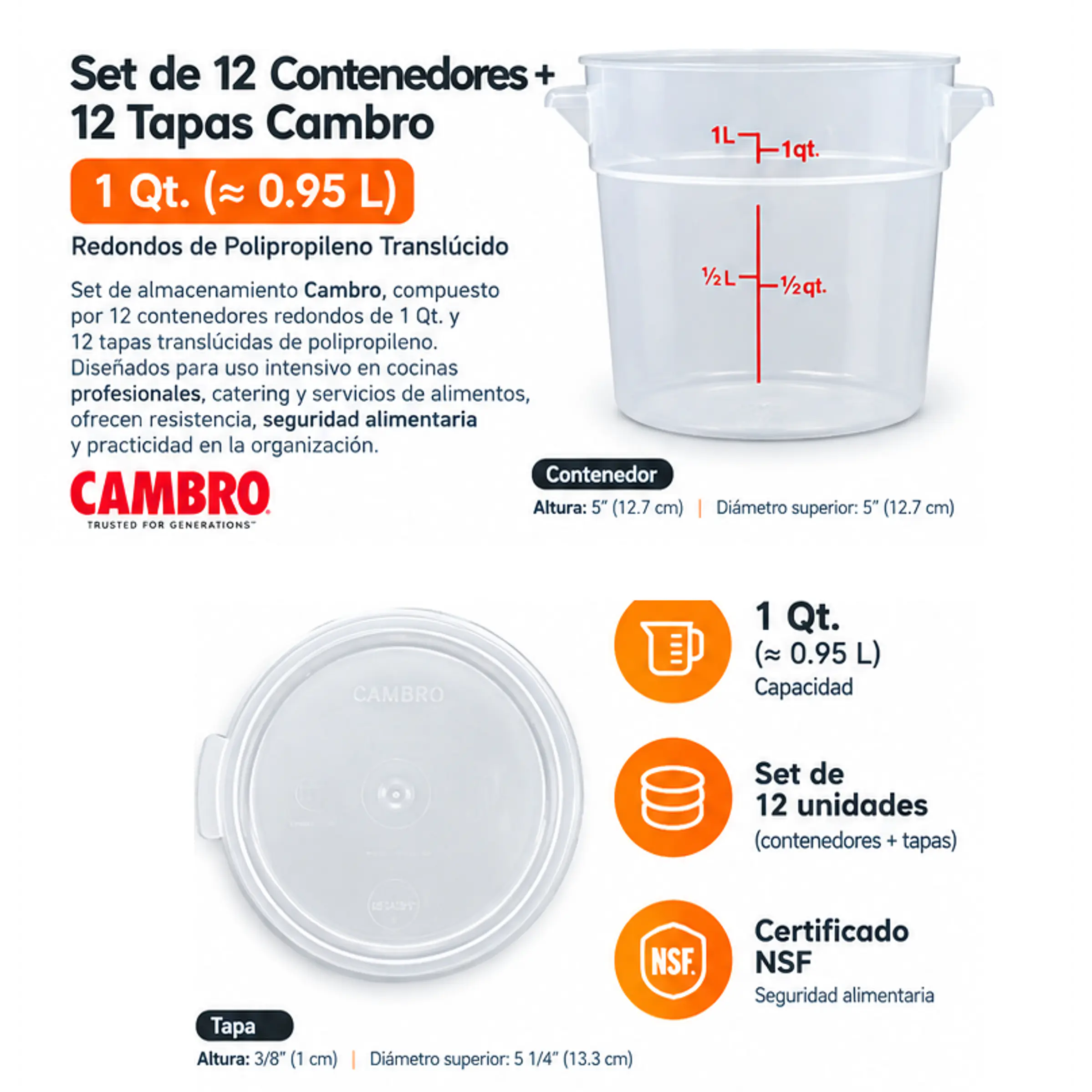 SET de 12 Contenedores + 12 Tapas Cambro – 1 Qt. (≈0.95 L) Redondos de Polipropileno 1