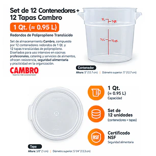 SET de 12 Contenedores + 12 Tapas Cambro – 1 Qt. (≈0.95 L) Redondos de Polipropileno