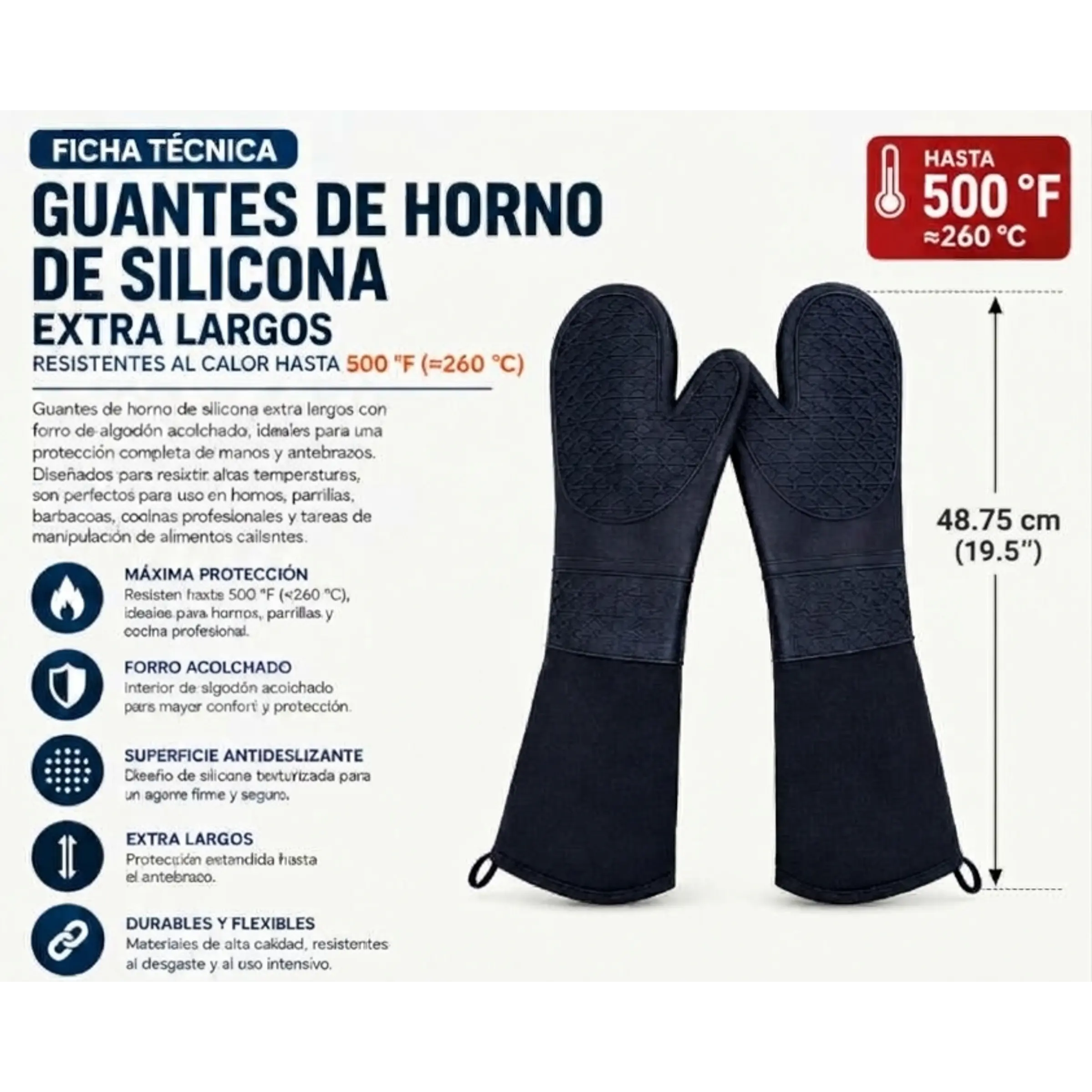 Guantes de Horno de Silicona Extra Largos – Resistentes al calor hasta 500°F (≈260°C): 1