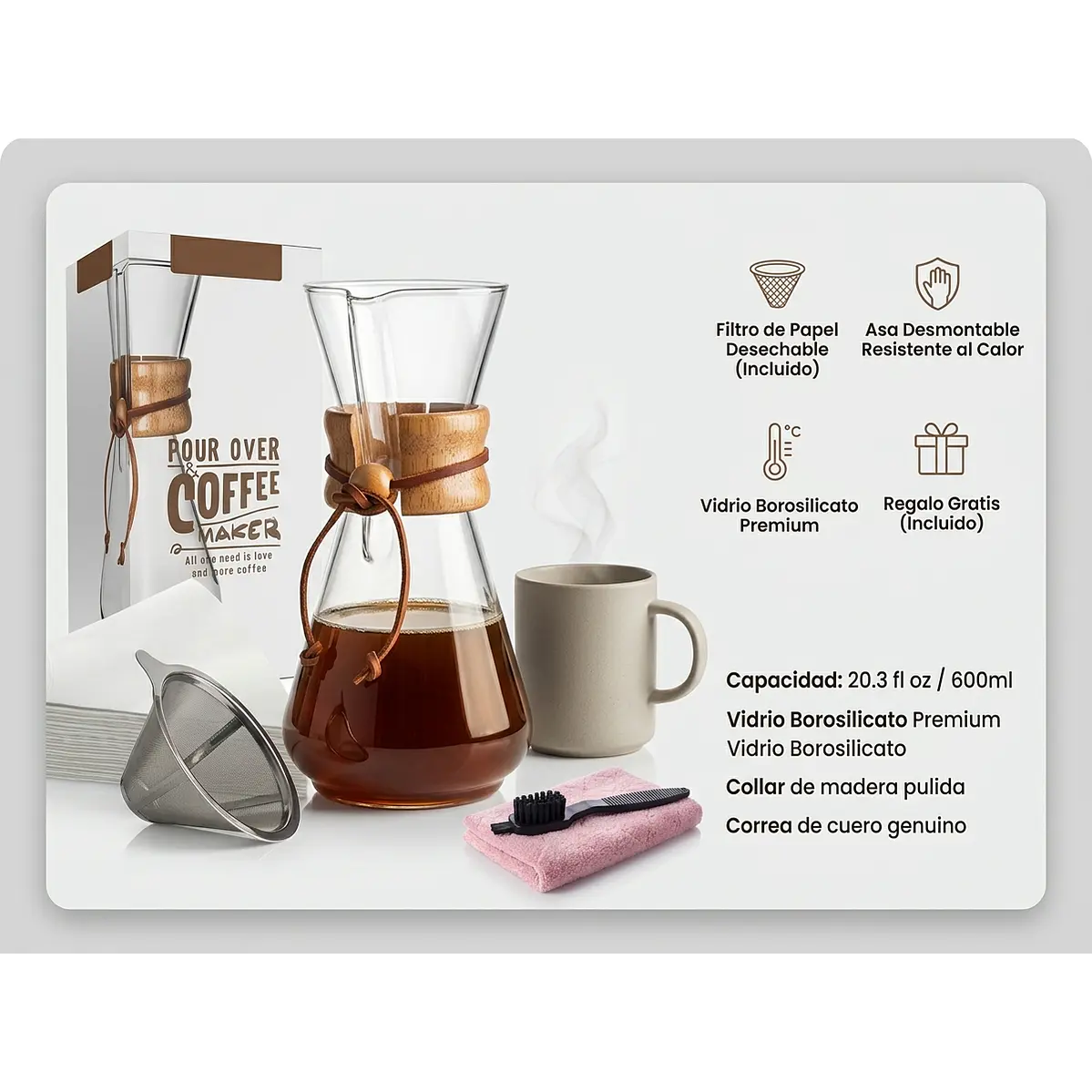 Cafetera Estilo Chemex – Capacidad 3 tazas (≈600 ml) 1