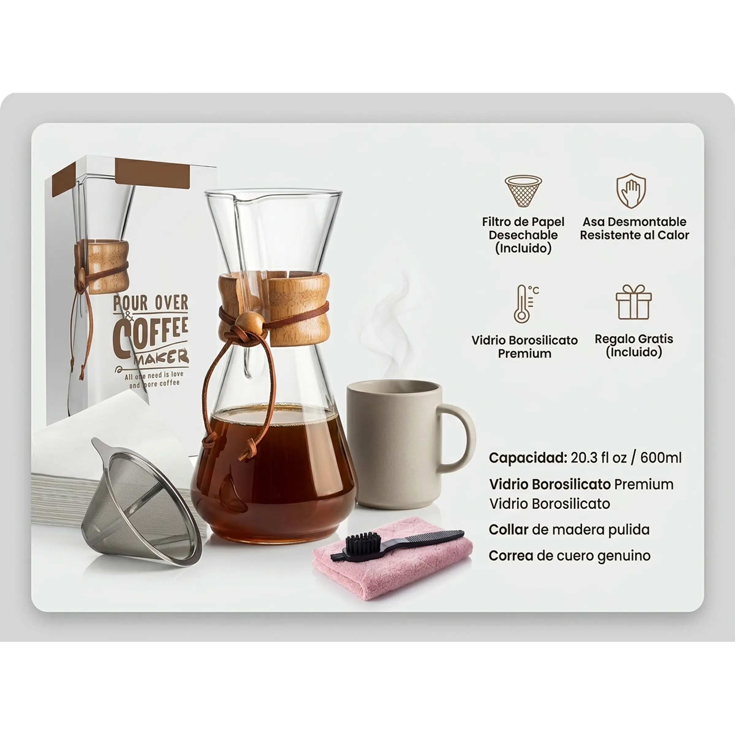 Cafetera Estilo Chemex – Capacidad 3 tazas (≈600 ml) 1