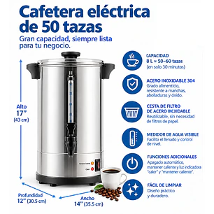 Greca Cafetera eléctrica de percolado – 50 tazas / 8 L, acero inoxidable grado comercial
