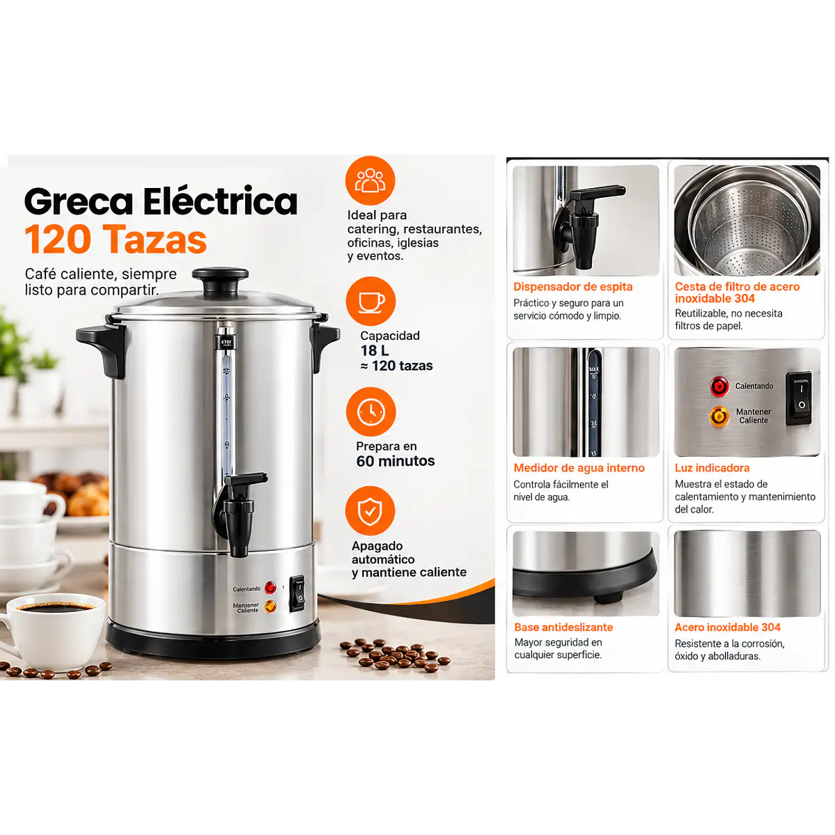 Greca eléctrica de 120 tazas – 18 L, acero inoxidable grado comercial 1