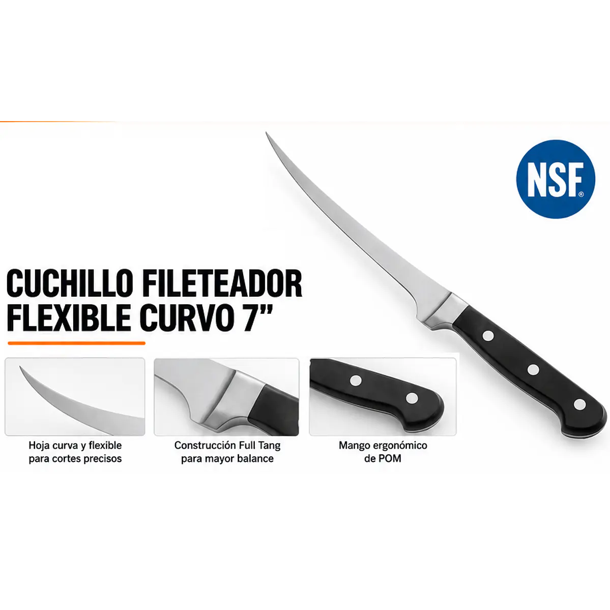 Cuchillo deshuesador y fileteador de hoja curva flexible en acero forjado (7 Pulgadas) 1