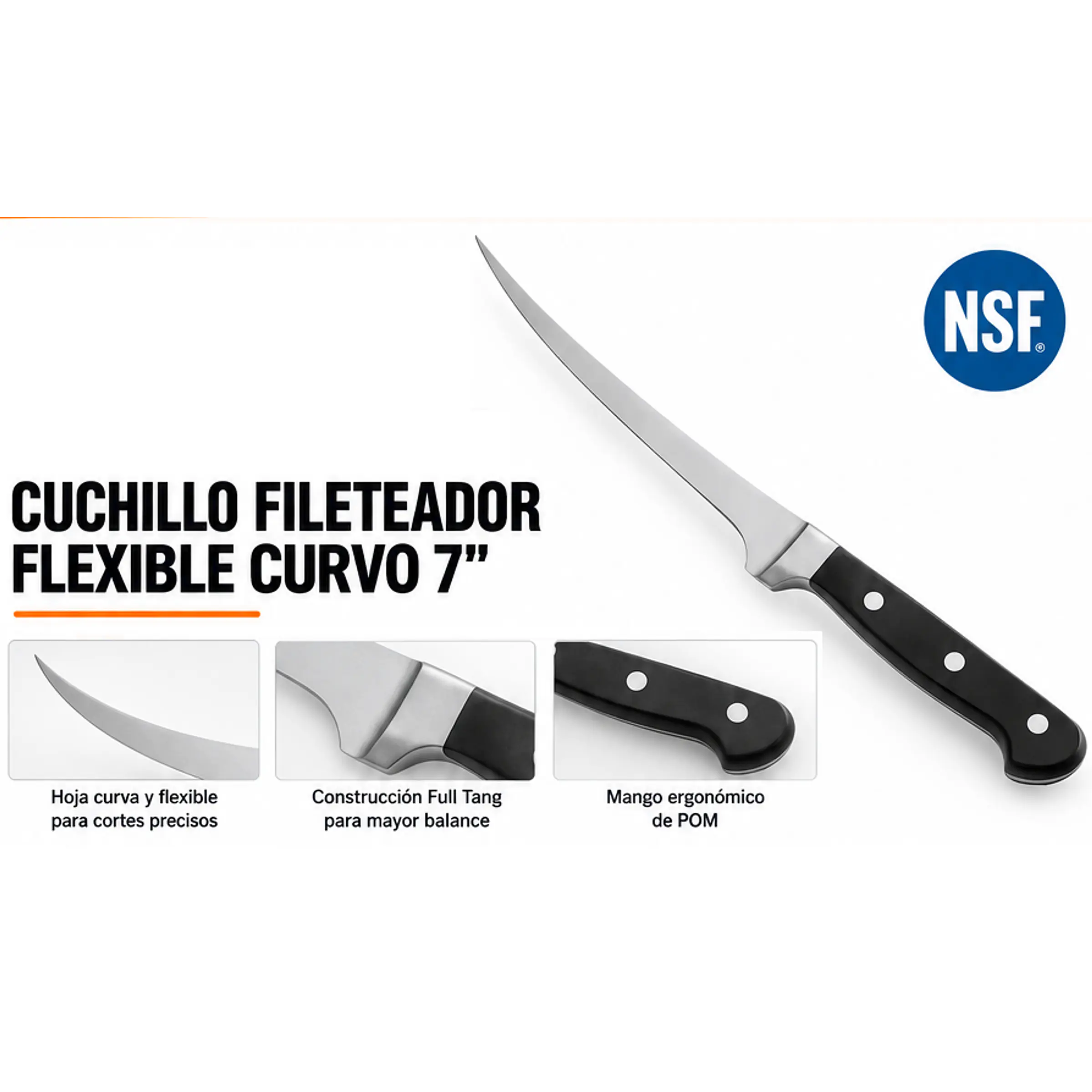 Cuchillo deshuesador y fileteador de hoja curva flexible en acero forjado (7 Pulgadas) 1