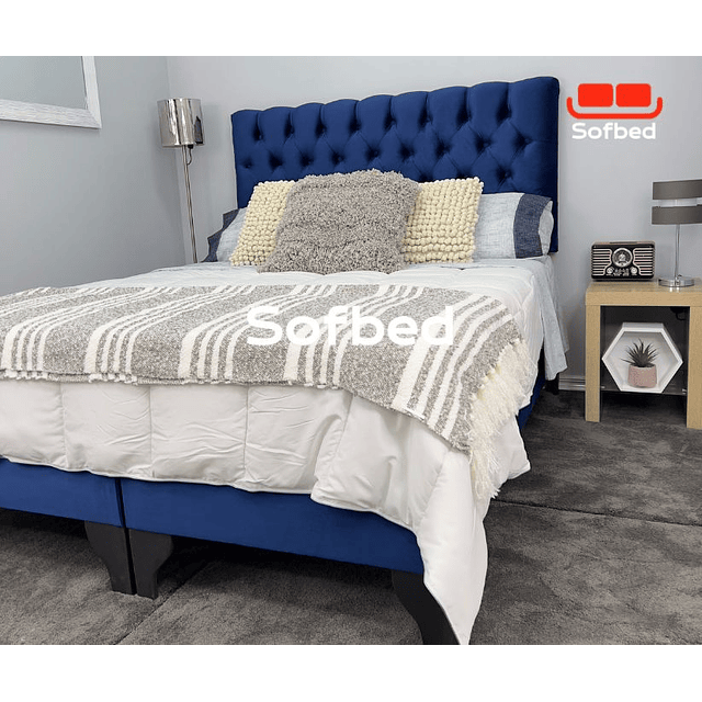 Cama  Europea Respaldo A Piso + Bases divididas Felpa Azul Oscuro