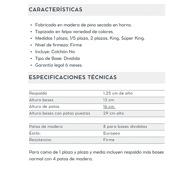 Cama Europea 2 Plazas Respaldo A Piso + Bases  Divididas Felpa