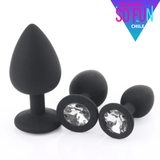 Kit 3 Plug Anal Silicona con joya - Talla S, M, L Color Negro