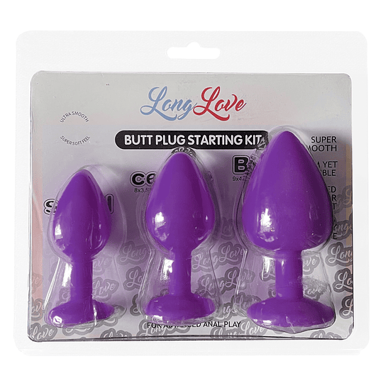 Kit 3 Plug Anal Silicona con joya - Talla S, M, L Color Lila