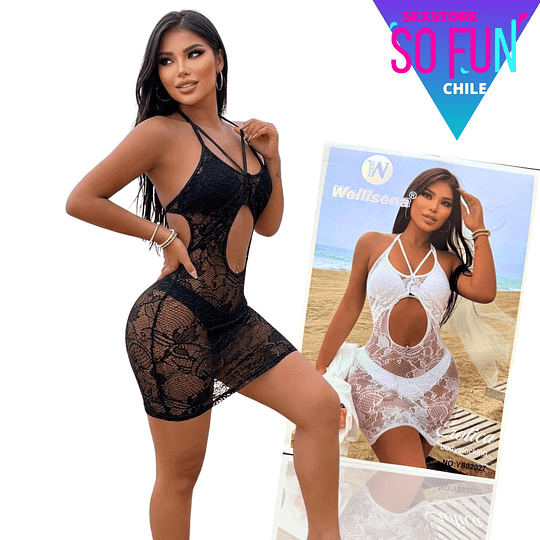 Vestido encaje sensual SeduceMe Translucido, Encaje lencería NEGRO