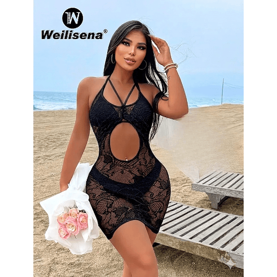 Vestido encaje sensual SeduceMe Translucido, Encaje lencería NEGRO