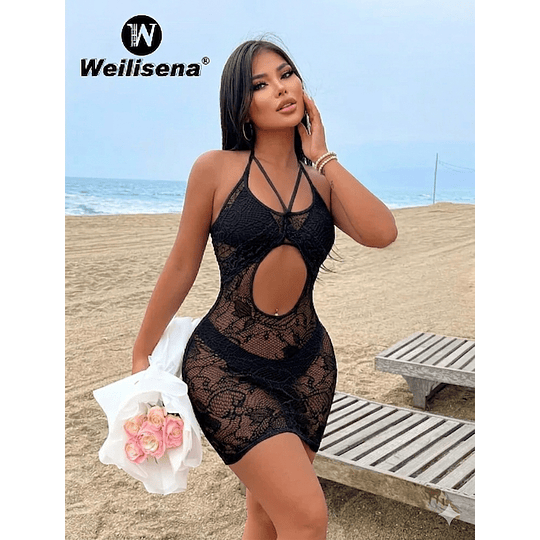 Vestido encaje sensual SeduceMe Translucido, Encaje lencería NEGRO