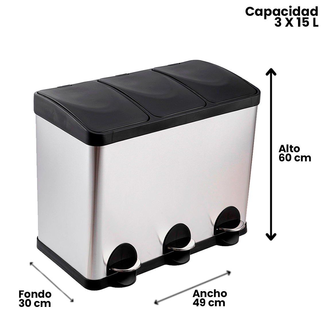 BASURERO ACERO INOXIDABLE TRIPLE 15 L X3 SOIN 2