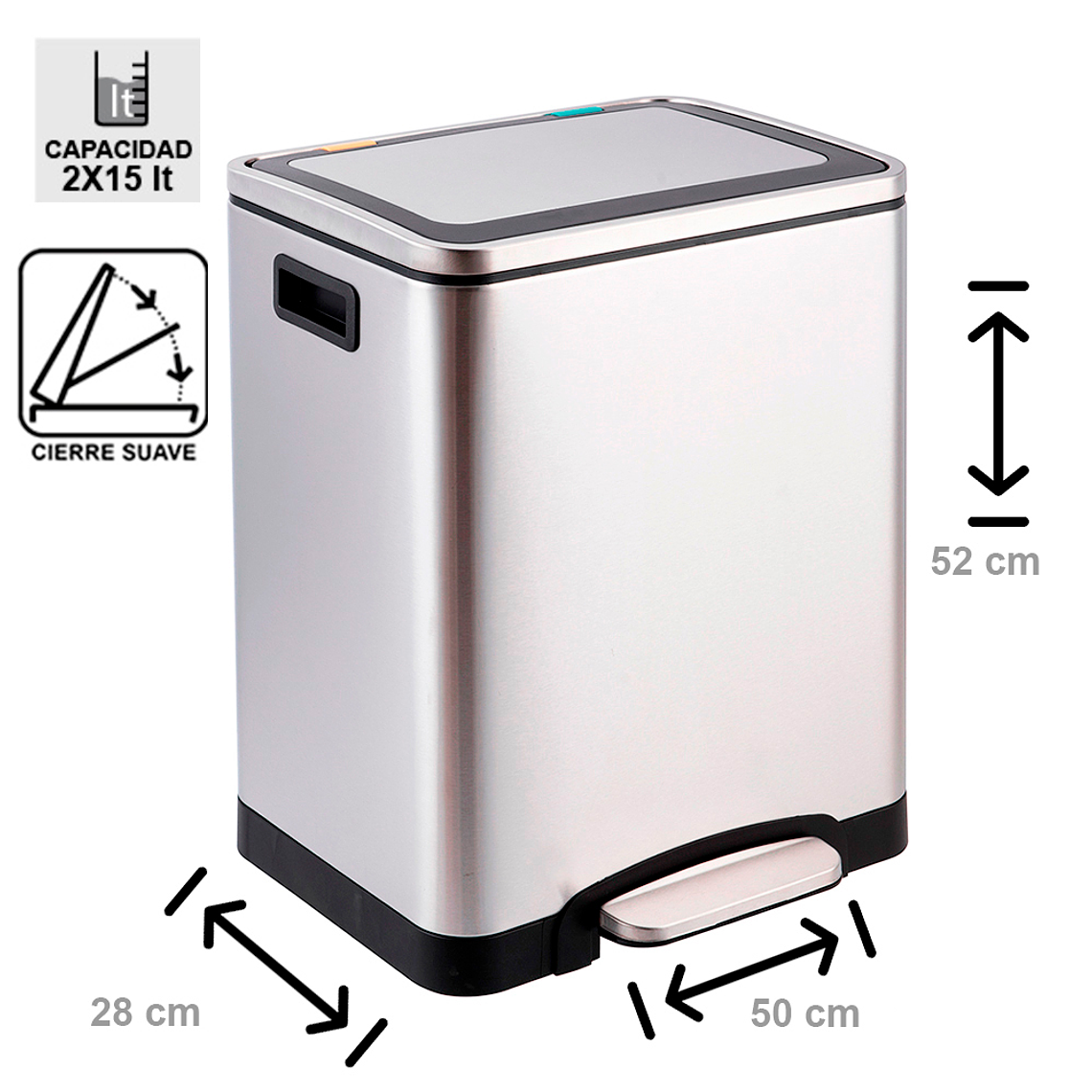 BASURERO ACERO INOXIDABLE CIERRE SUAVE DUO 15 L X2 SOIN 2