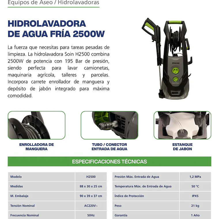HIDROLAVADORA INDUSTRIAL AGUA FRÍA 2500W SOIN 7