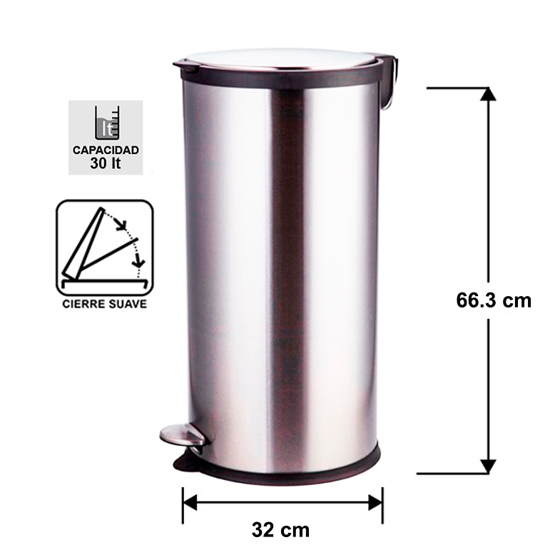 BASURERO ACERO INOXIDABLE CIERRE SUAVE 30 L 2