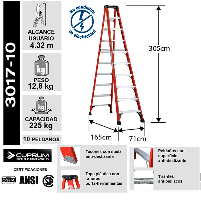 ESCALERA TIJERA FIBRA DE VIDRIO 10 PELDAÑOS TAPA PRO TOP CUPRUM 2