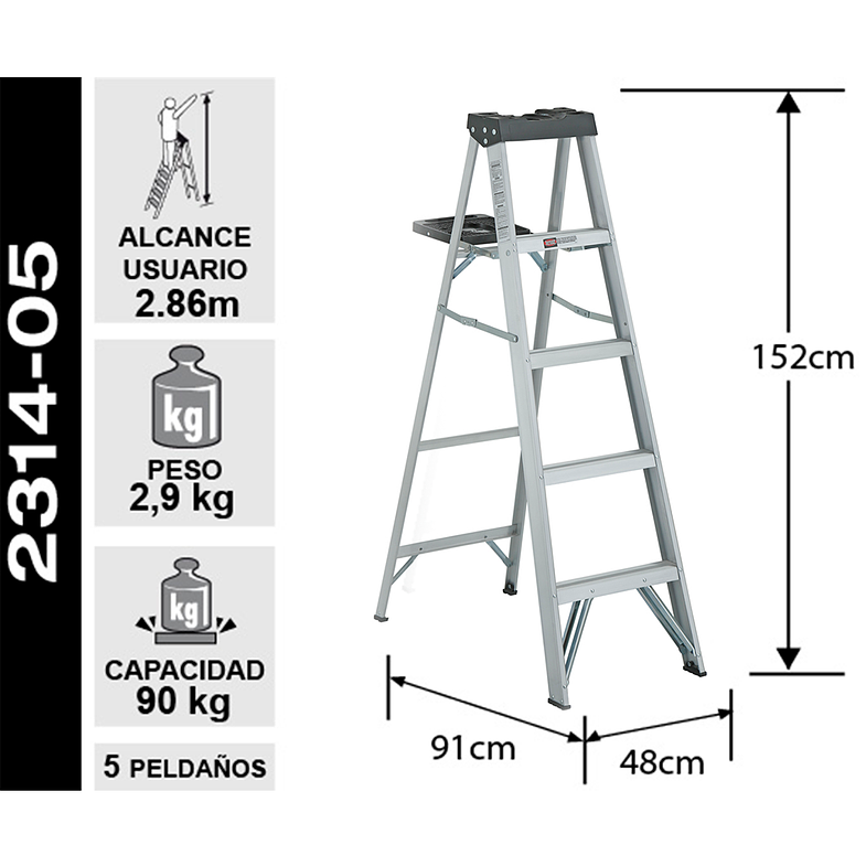 ESCALERA ALUMINIO TIJERA 5 PELDAÑOS 90 KG CUPRUM 2