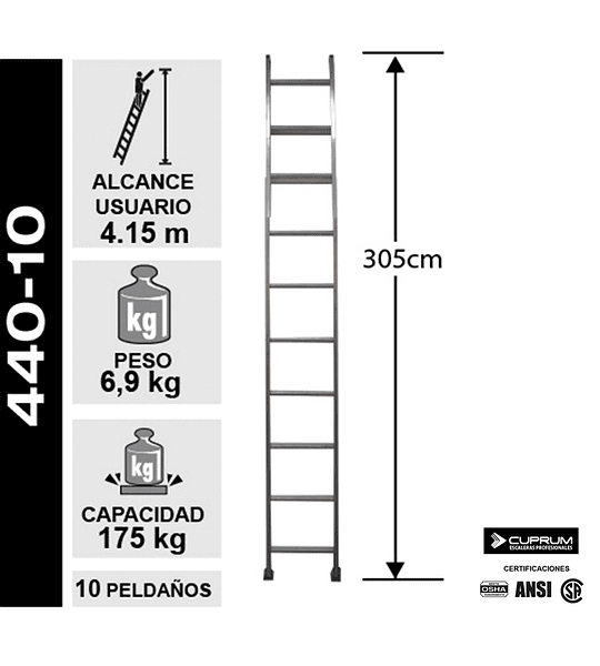 ESCALERA ALUMINIO RECTA SIMPLE 3.05 M. 10 PELDAÑOS CUPRUM