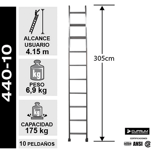 ESCALERA ALUMINIO RECTA SIMPLE 3.05 M. 10 PELDAÑOS CUPRUM 2