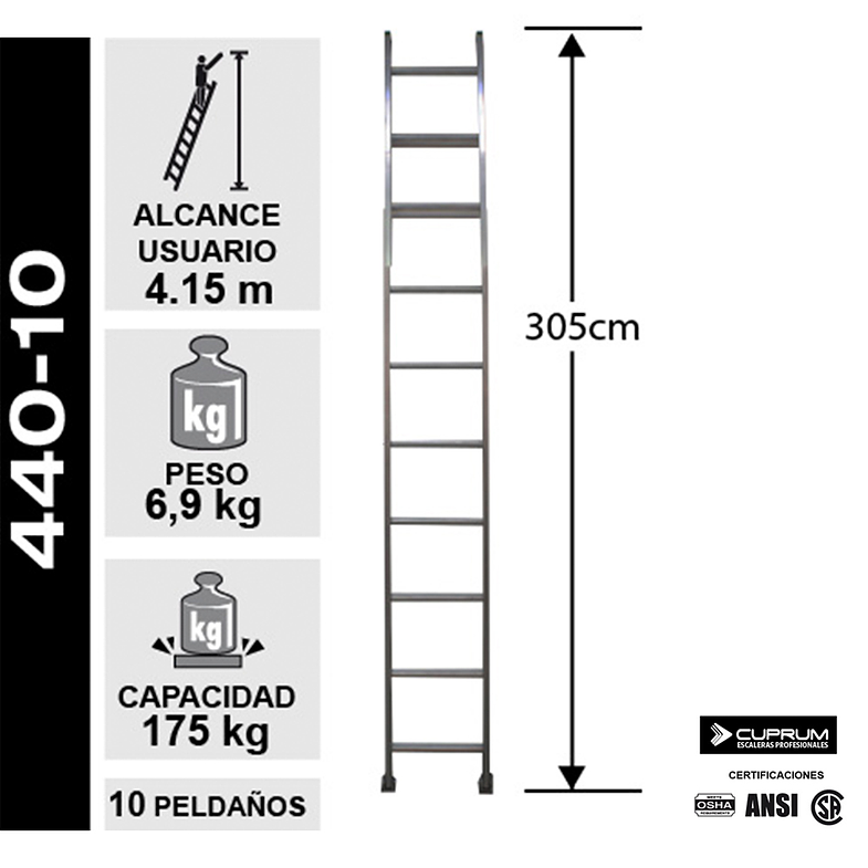 ESCALERA ALUMINIO RECTA SIMPLE 3.05 M. 10 PELDAÑOS CUPRUM 2