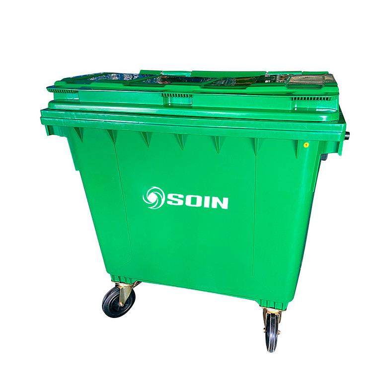 CONTENEDOR DE BASURA VERDE CON RUEDAS 1100 L SOIN 1