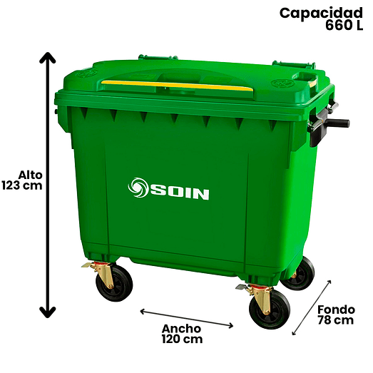 CONTENEDOR DE BASURA VERDE CON RUEDAS 660 L SOIN 2