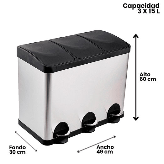 BASURERO ACERO INOXIDABLE TRIPLE 15 L X3 SOIN 2