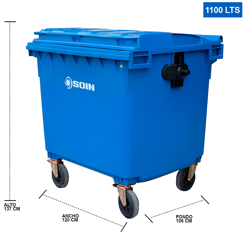 CONTENEDOR DE BASURA AZUL CON RUEDAS 1100 L SOIN 2