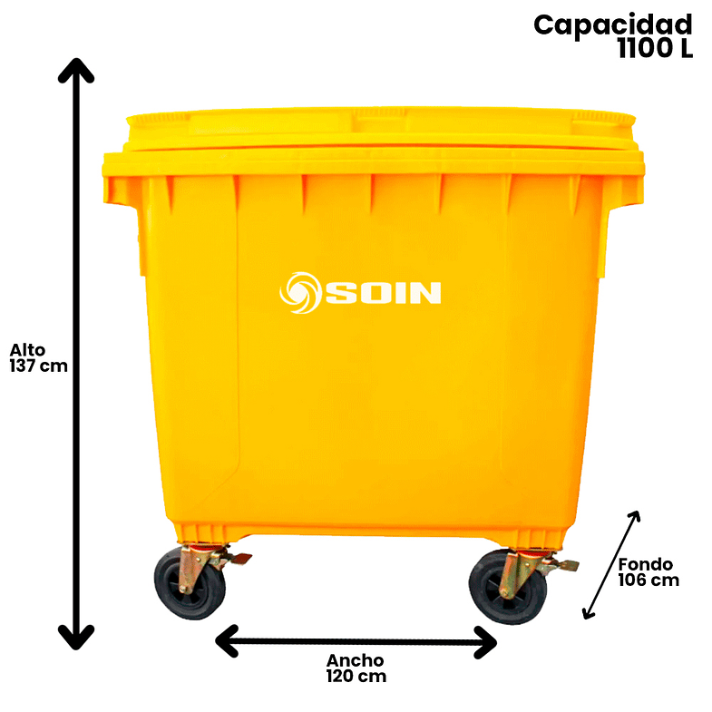CONTENEDOR DE BASURA AMARILLO CON RUEDAS 1100 L SOIN 2