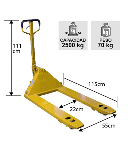 TRANSPALETA ANGOSTA 2500 KG. NYLON 550 MM