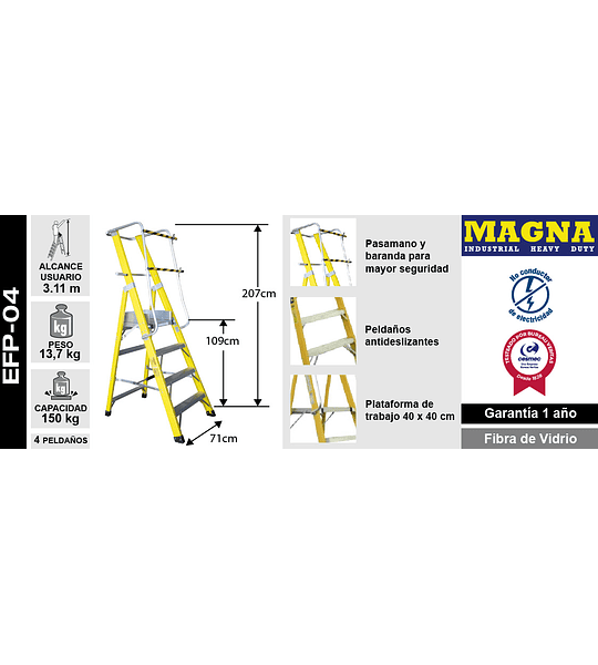 ESCALERA FIBRA VIDRIO PLATAFORMA 4 PELDAÑOS CON BARANDA DOBLE