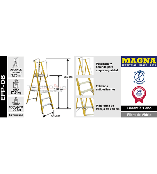 ESCALERA FIBRA DE VIDRIO PLATAFORMA CON BARANDA DOBLE 6 PELDAÑOS MAGNA