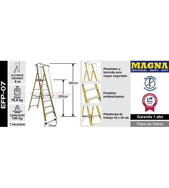 ESCALERA FIBRA VIDRIO PLATAFORMA 7 PELDAÑOS MAGNA