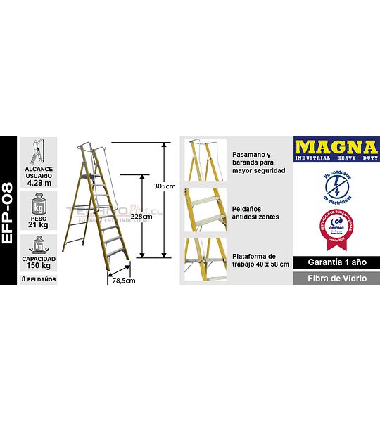 ESCALERA FIBRA DE VIDRIO PLATAFORMA CON BARANDA DOBLE 8 PELDAÑOS MAGNA