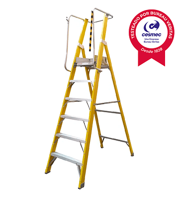 ESCALERA FIBRA DE VIDRIO PLATAFORMA CON BARANDA DOBLE 6 PELDAÑOS MAGNA